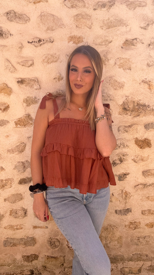 Blouse terracotta à volant « téa » - Chemisier femme - La Petite Boutique d'Eva